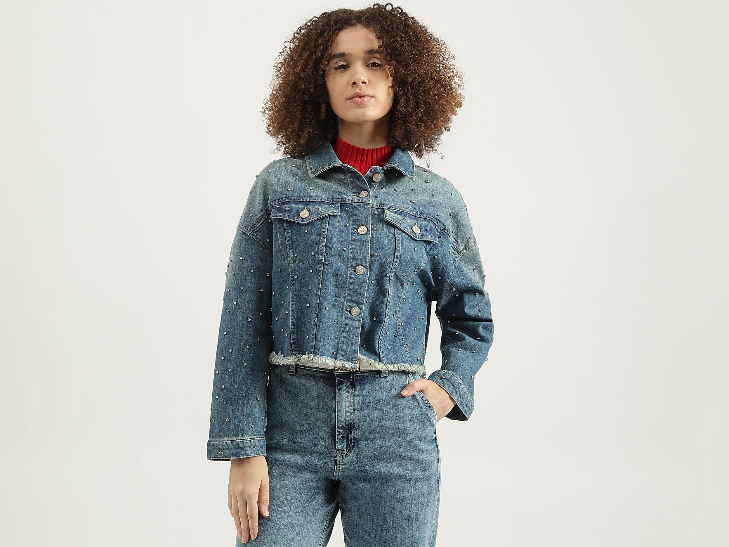 Spread Collar Sequined Denim Jacket