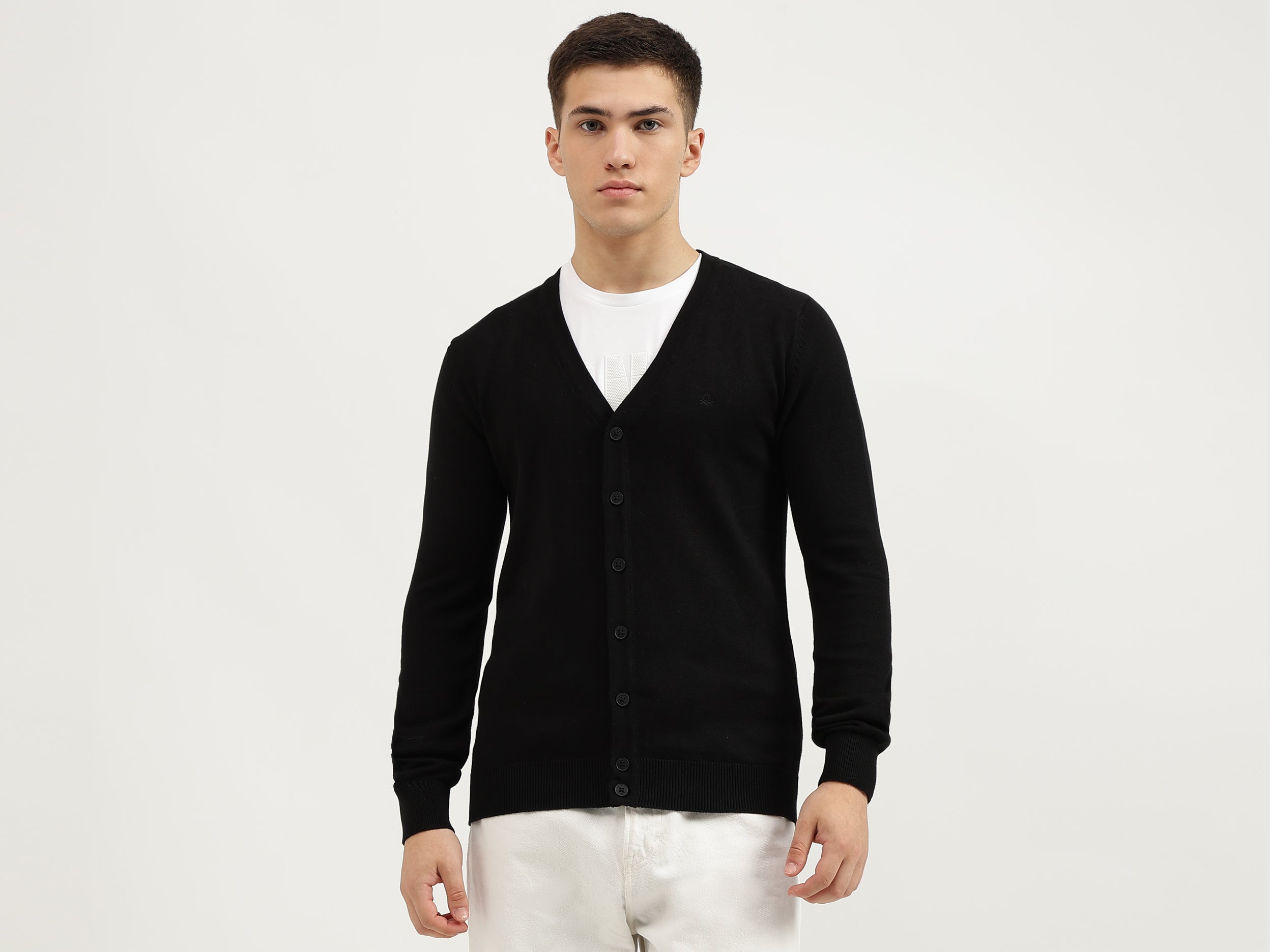 Slim Fit V-Neck Solid Cardigan - Main Image