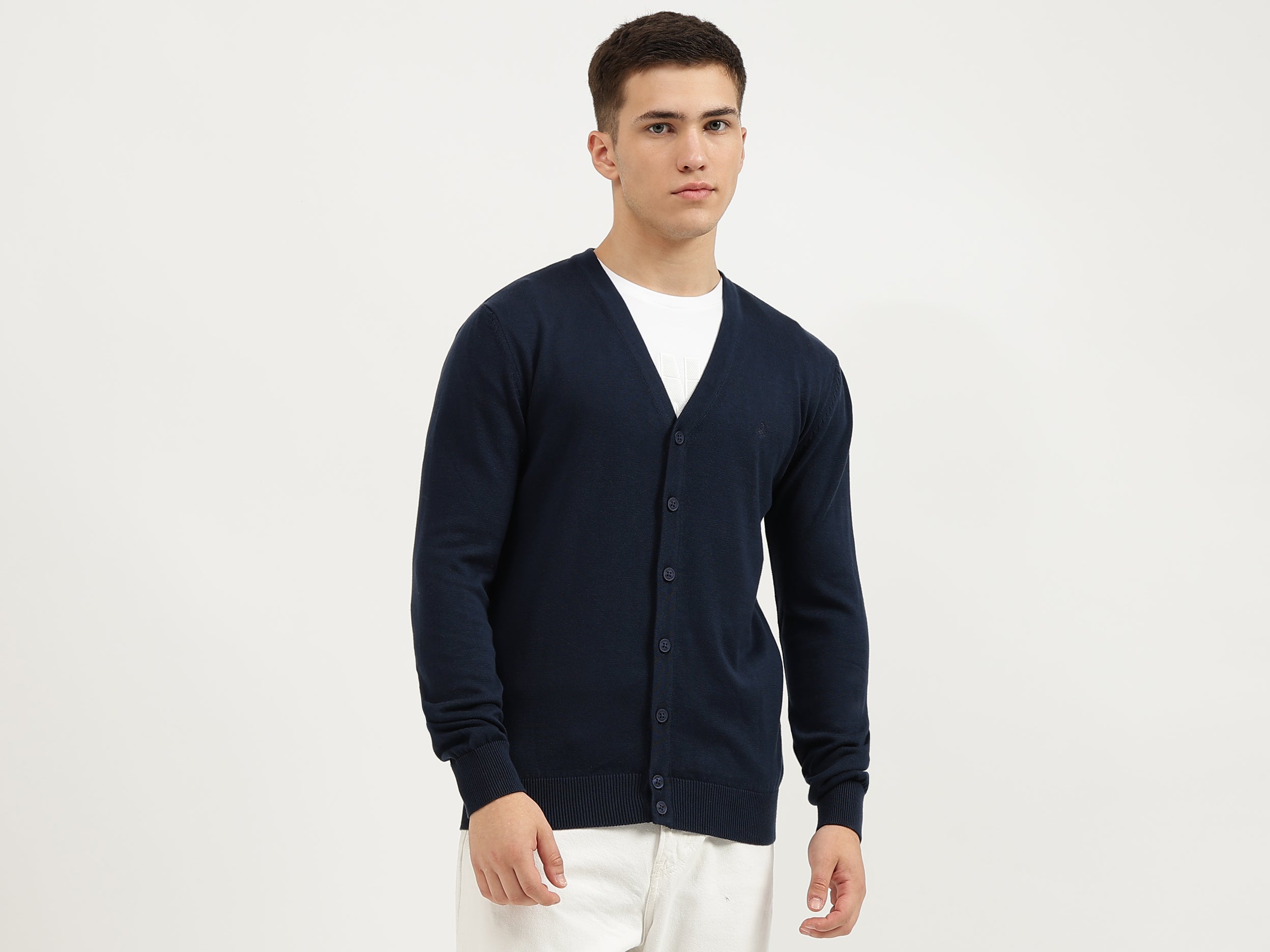 Slim Fit V-Neck Solid Cardigan - Main Image