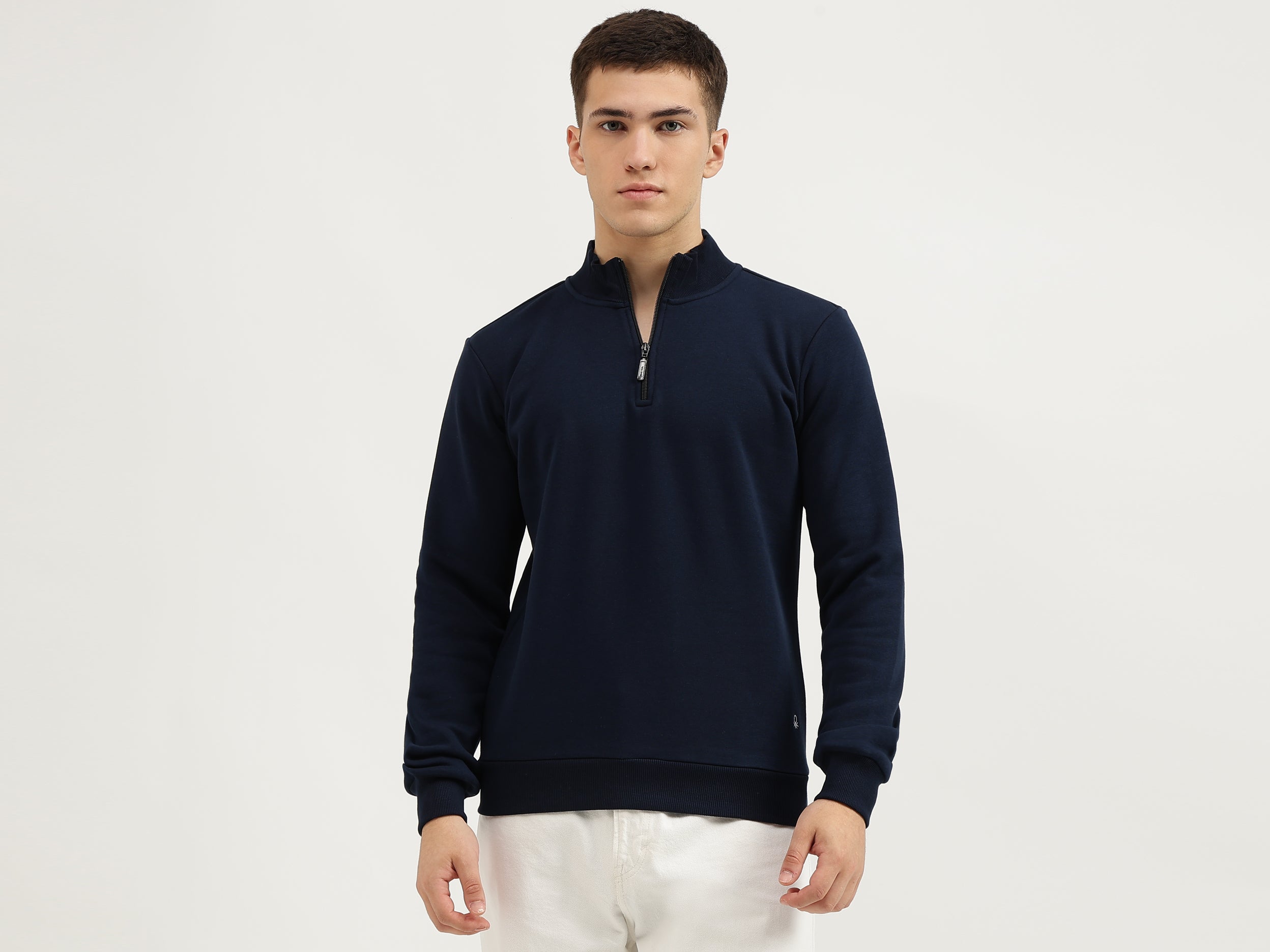 Shop Blue Men's Slim Fit Zip Neck Solid Sweatshirt Online