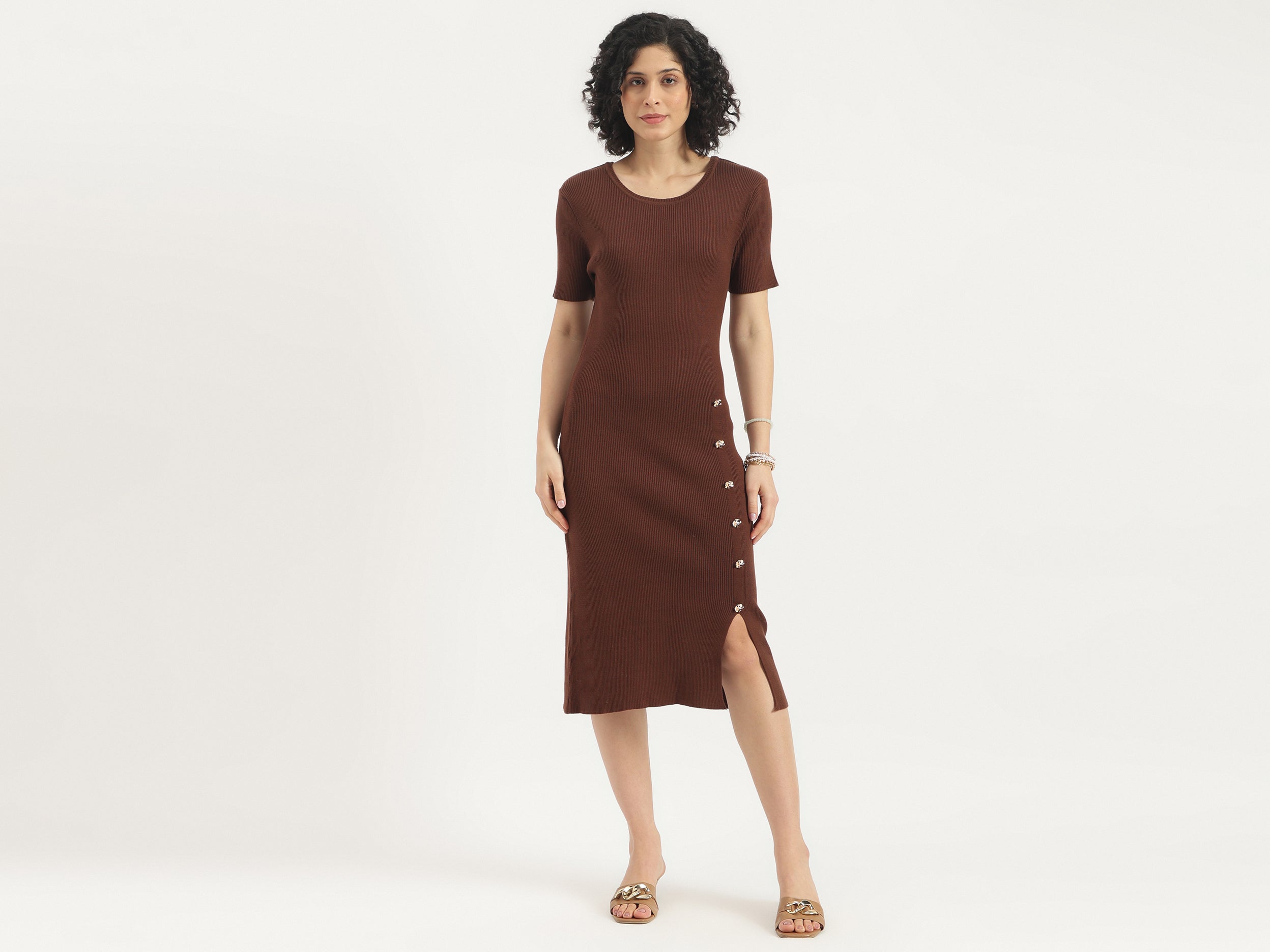 Women Round Neck Ribbed Side Button Bodycon Dress – United Colors of  Benetton Store