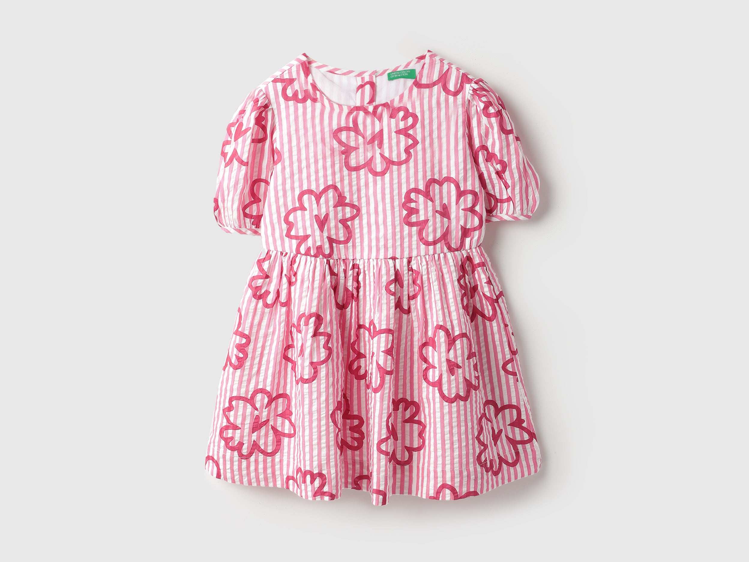 Regular Fit Round Neck Floral Stripes Seersucker Dress