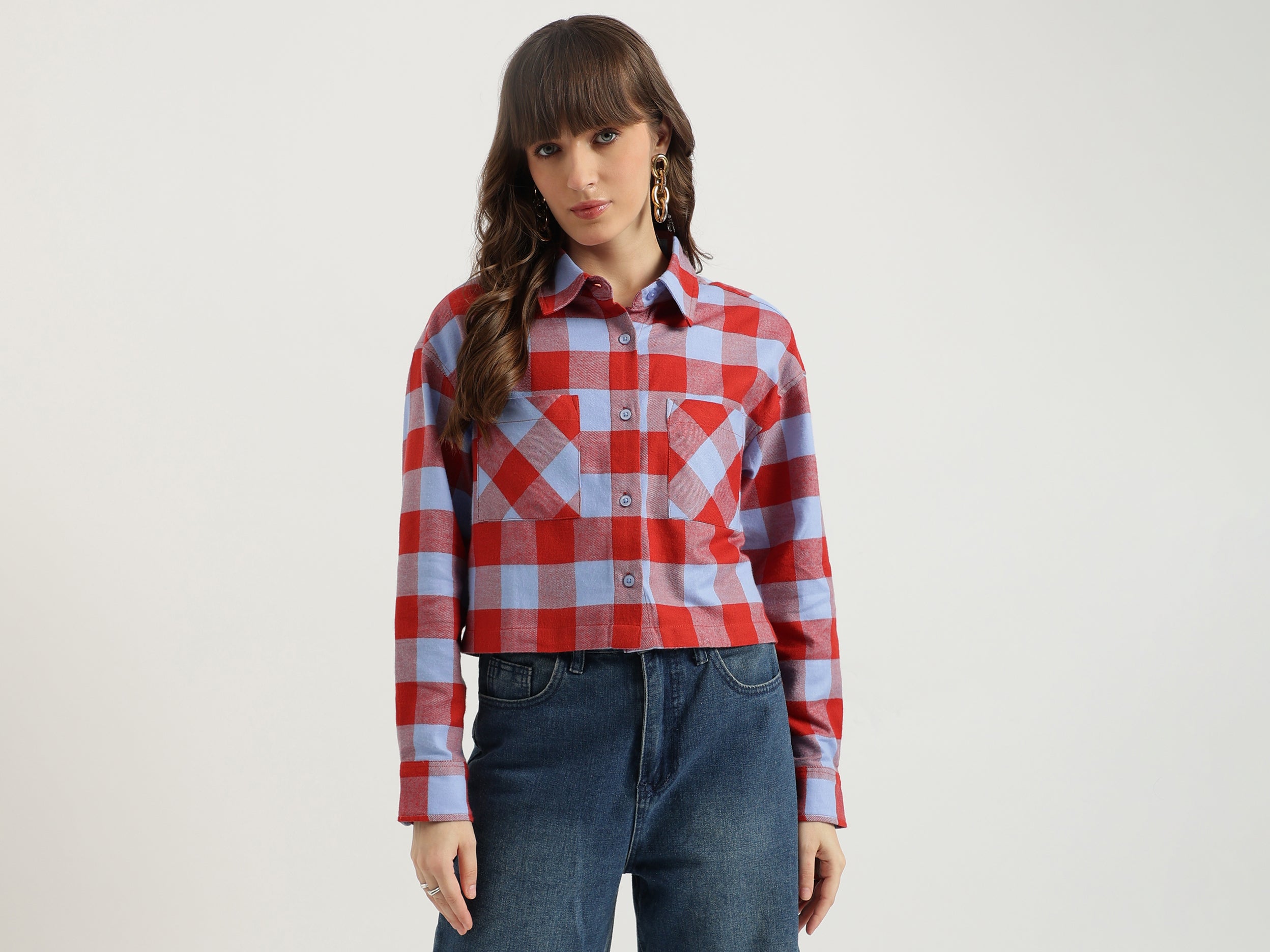 Spread Collar Checkered Flannel Shirt