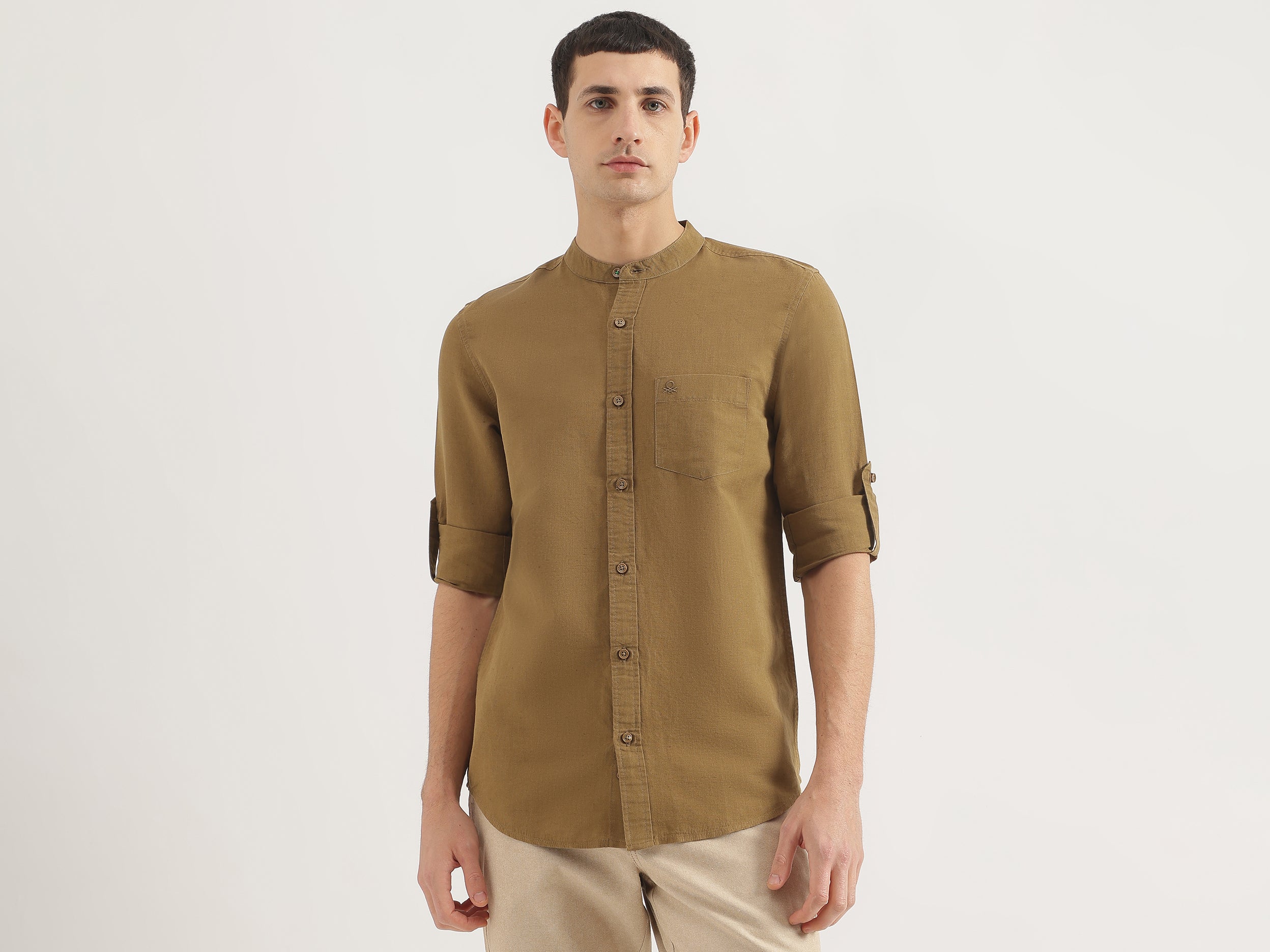 Regular Fit Mandarin Collar Solid Shirt