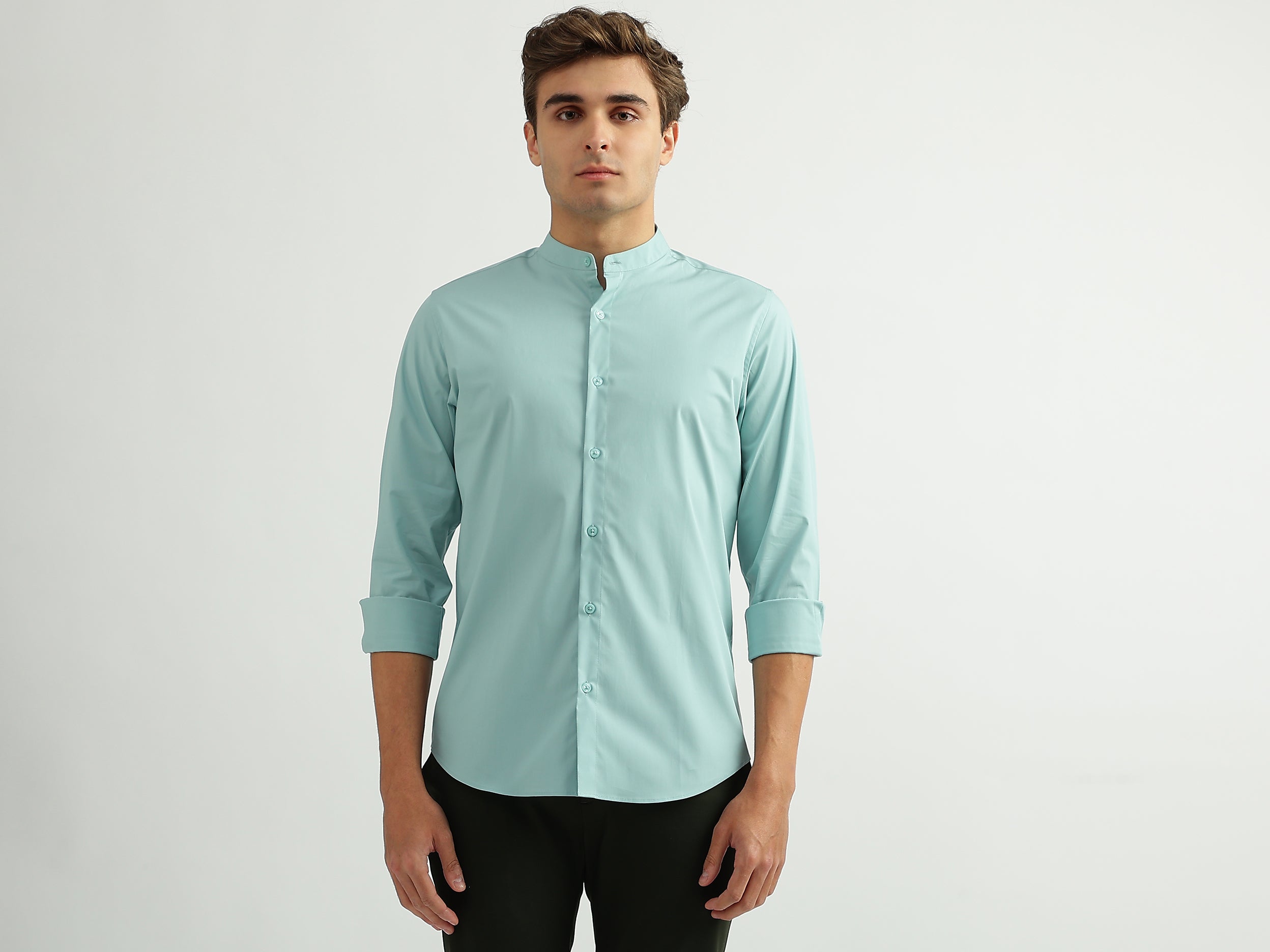 Men Solid Mandarin Collar Shirt - Main Image