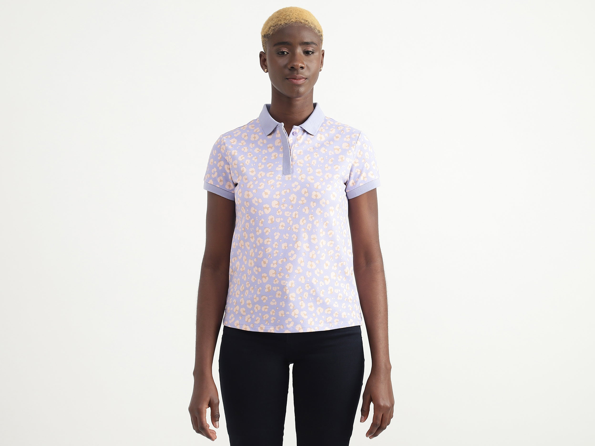 Cotton Blend Printed Polo Neck Women T-shirts - Main Image