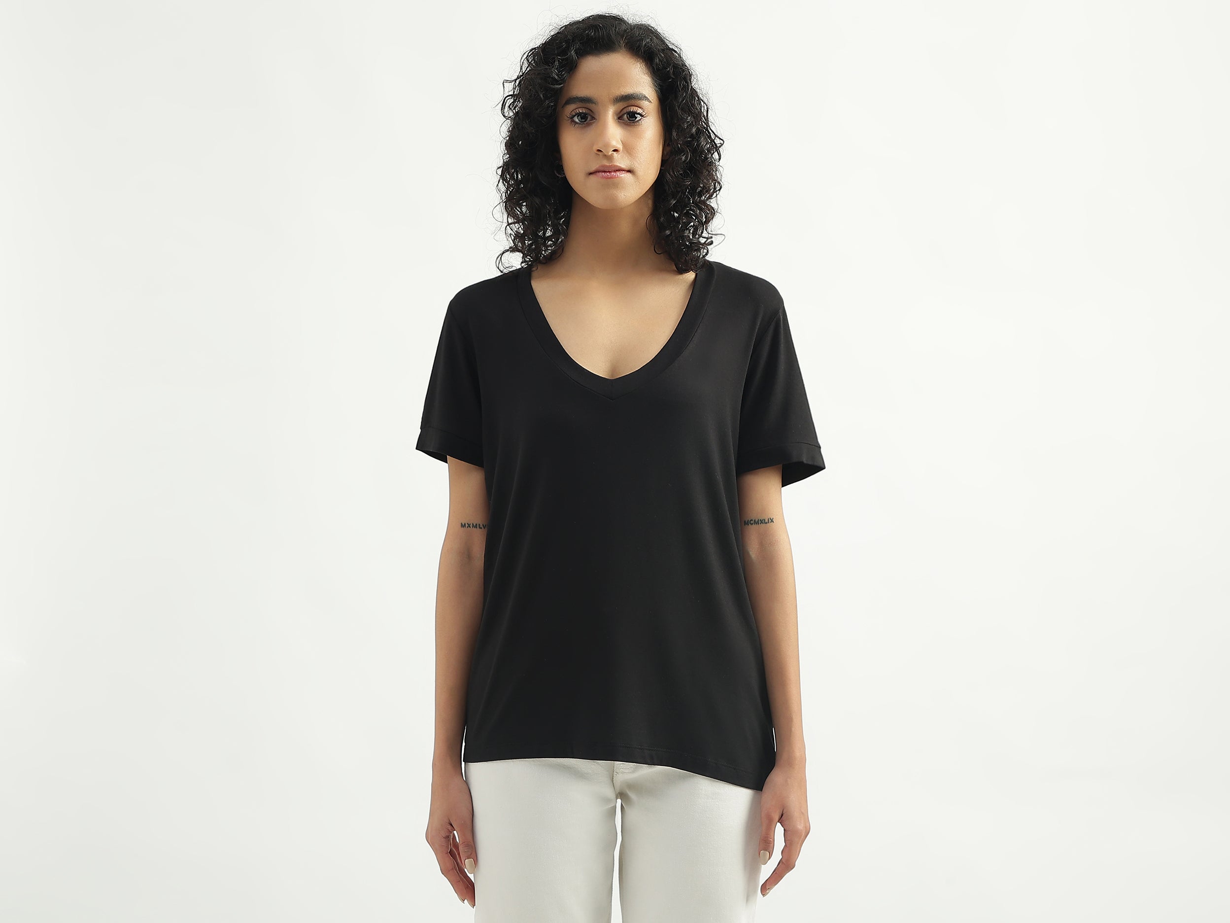 Viscose Solid V-Neck Women T-shirts - Main Image