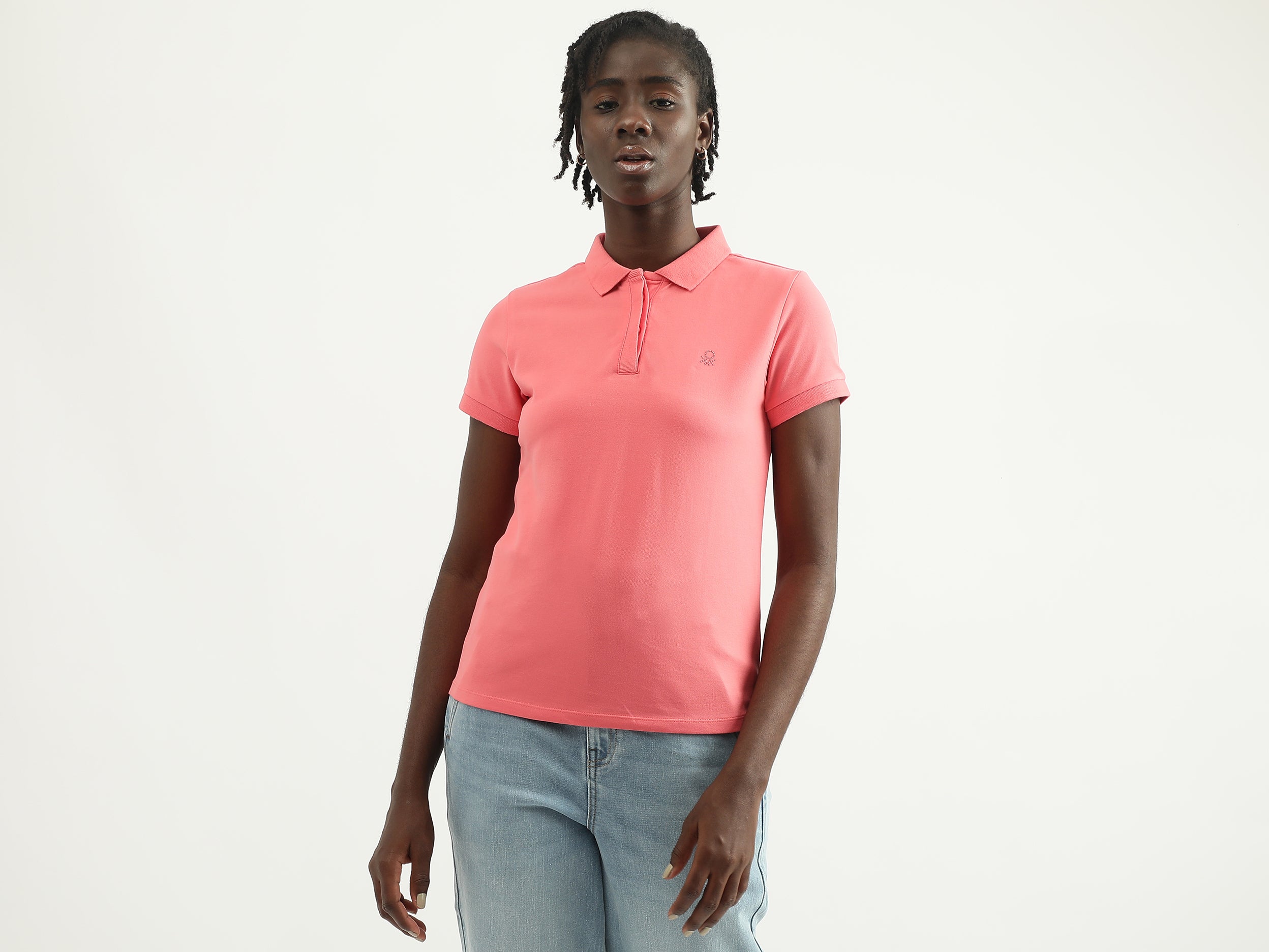 Pink Polo Neck T Shirts For Women Women Solid Polo Collar T-shirt