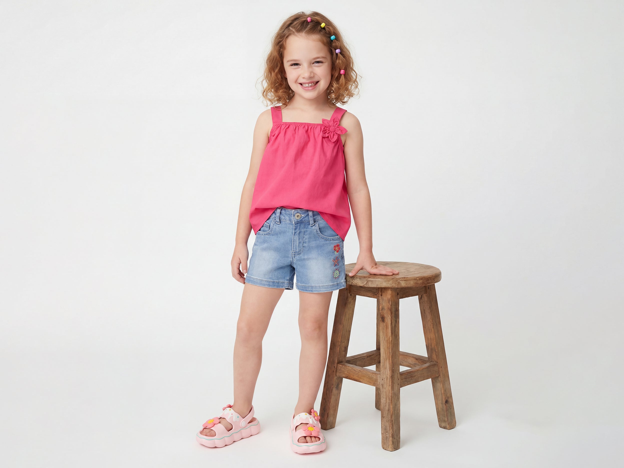 Girls Embroidered Regular Fit Denim Shorts