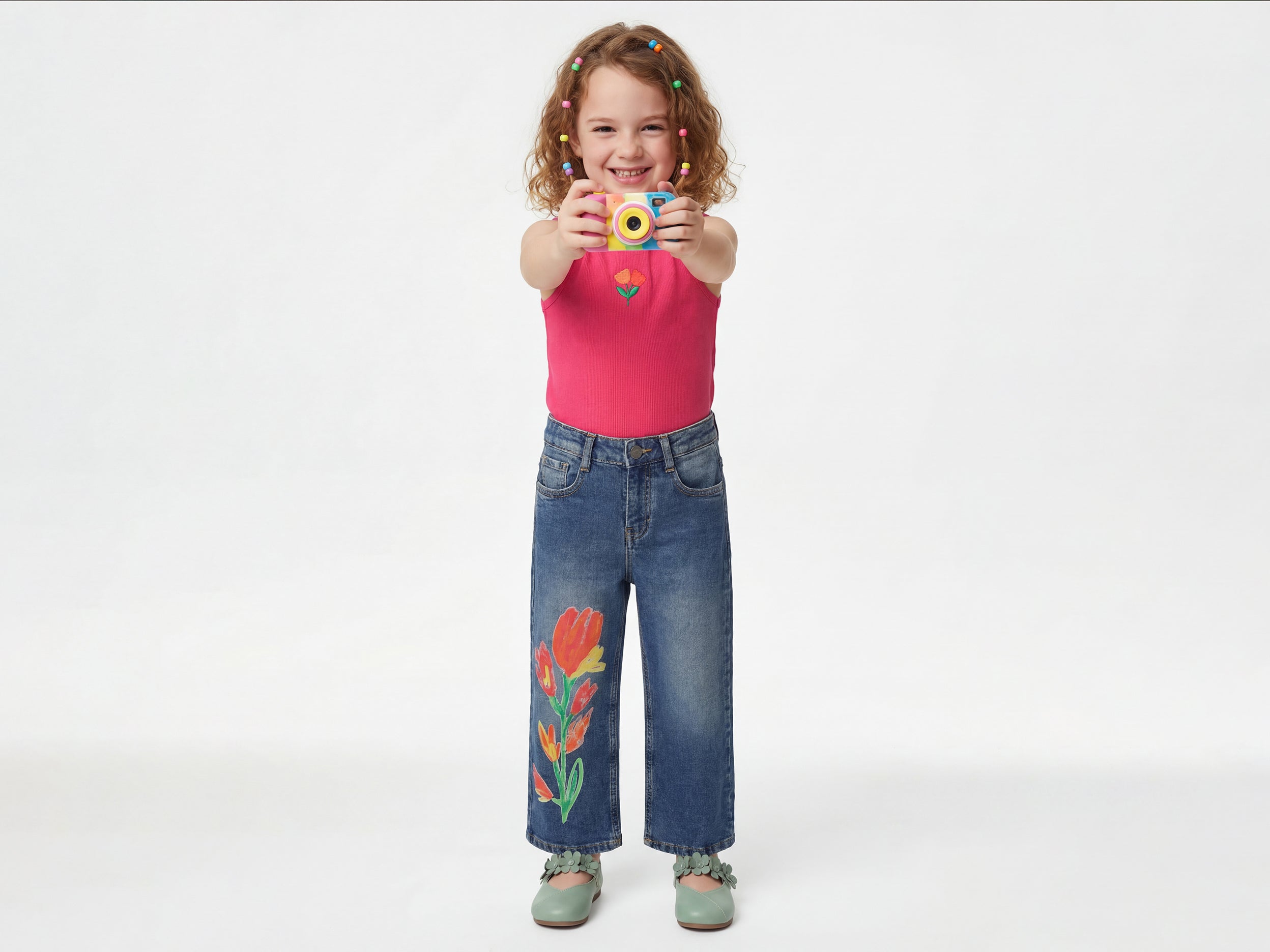Girls Wide Leg Fit High Rise Floral Jeans