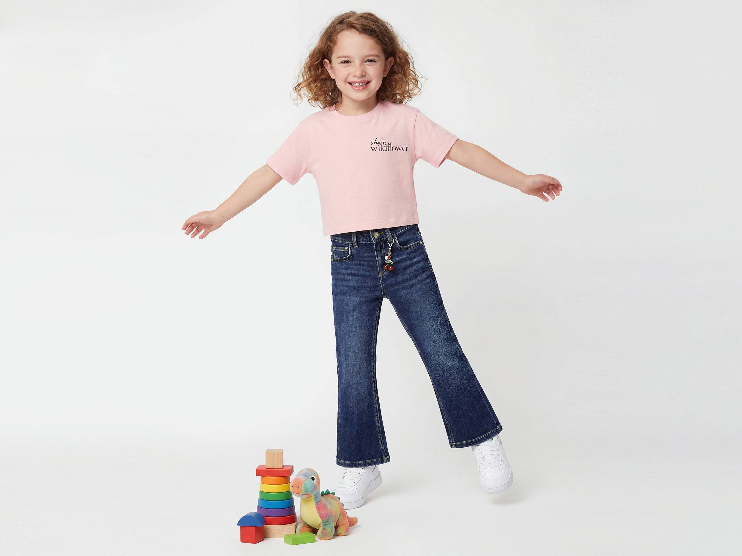 Girls Solid Bootcut Fit Dark Wash Jeans with Cherry Charm