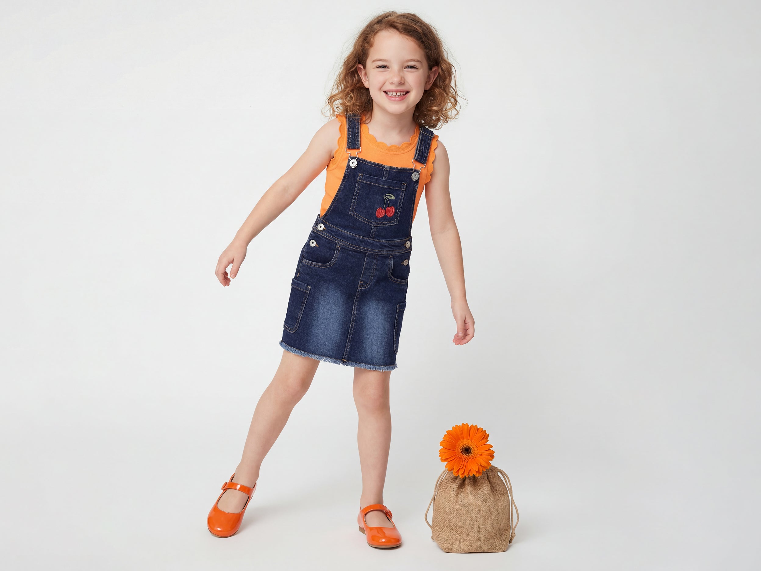 Girls Regular Fit Square Neck Embroidered Dungaree