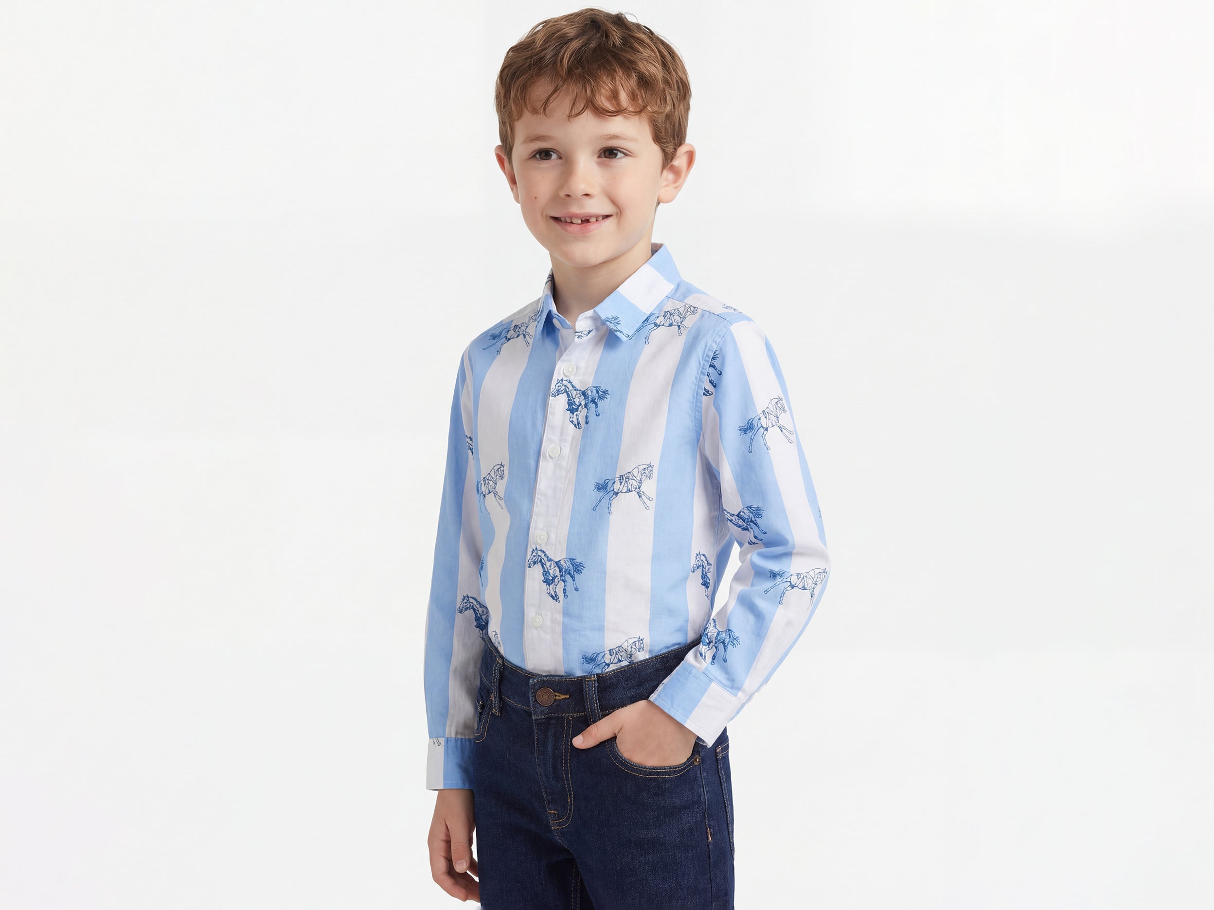 Boys Regular Fit Spread Collar Stripes Shirt