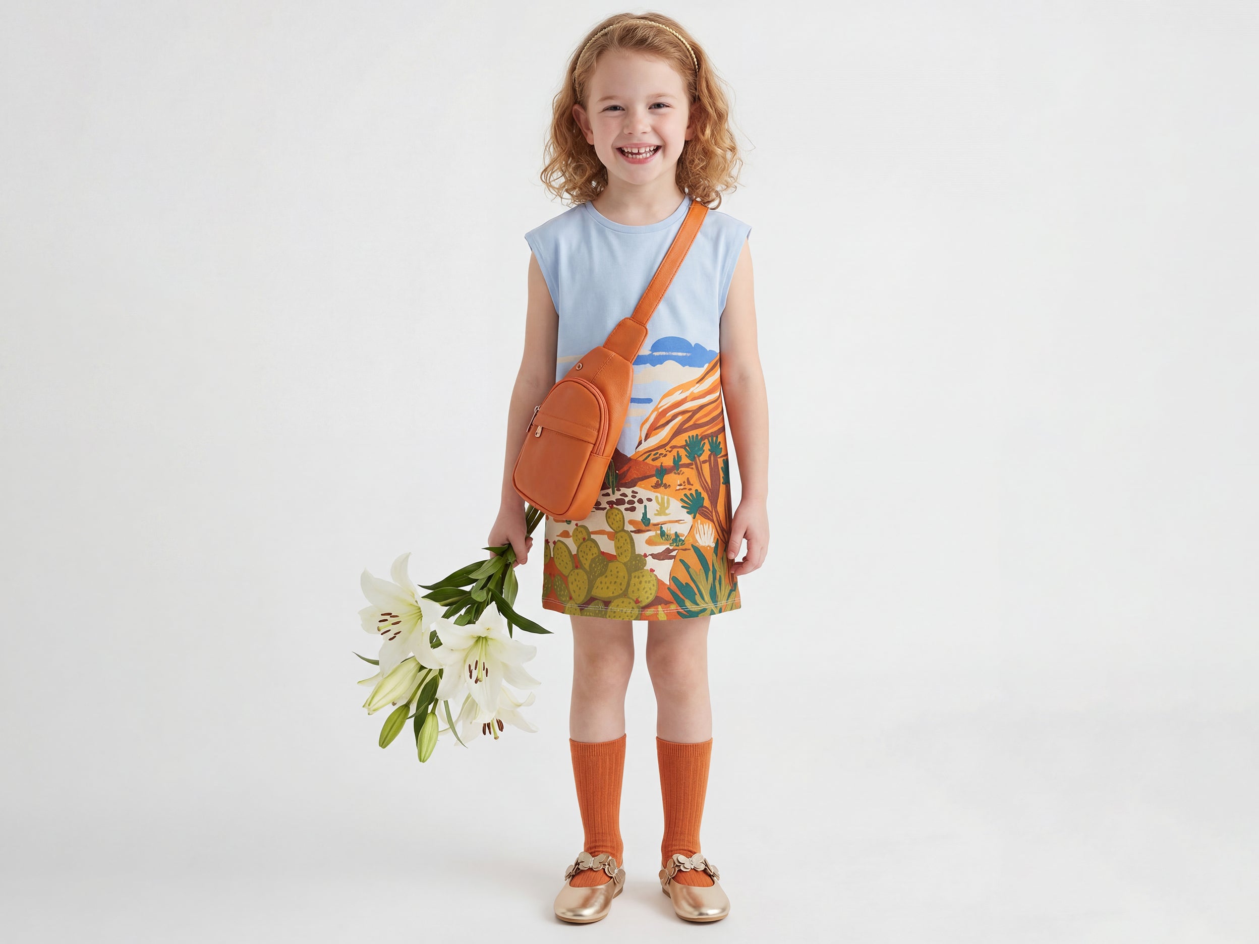 Girls Regular Fit Round Neck Graphic Exploded Hay-Day Placement Dress