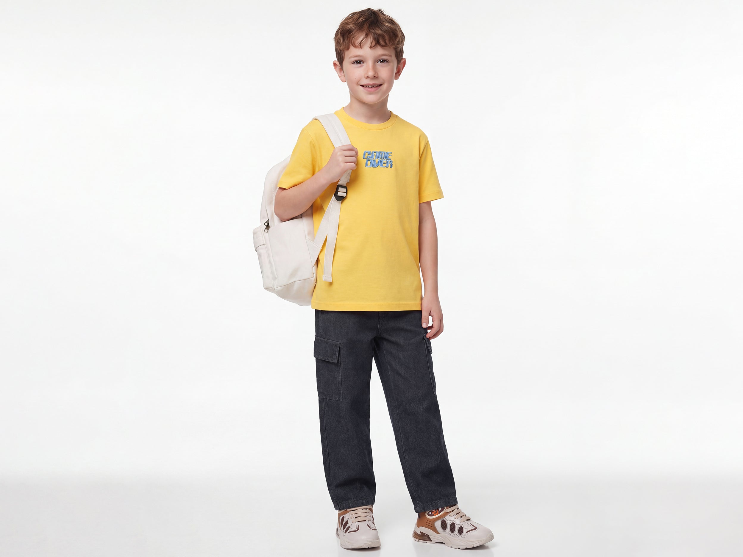 Boys Wide Leg Mid Rise Solid Cargo Pant