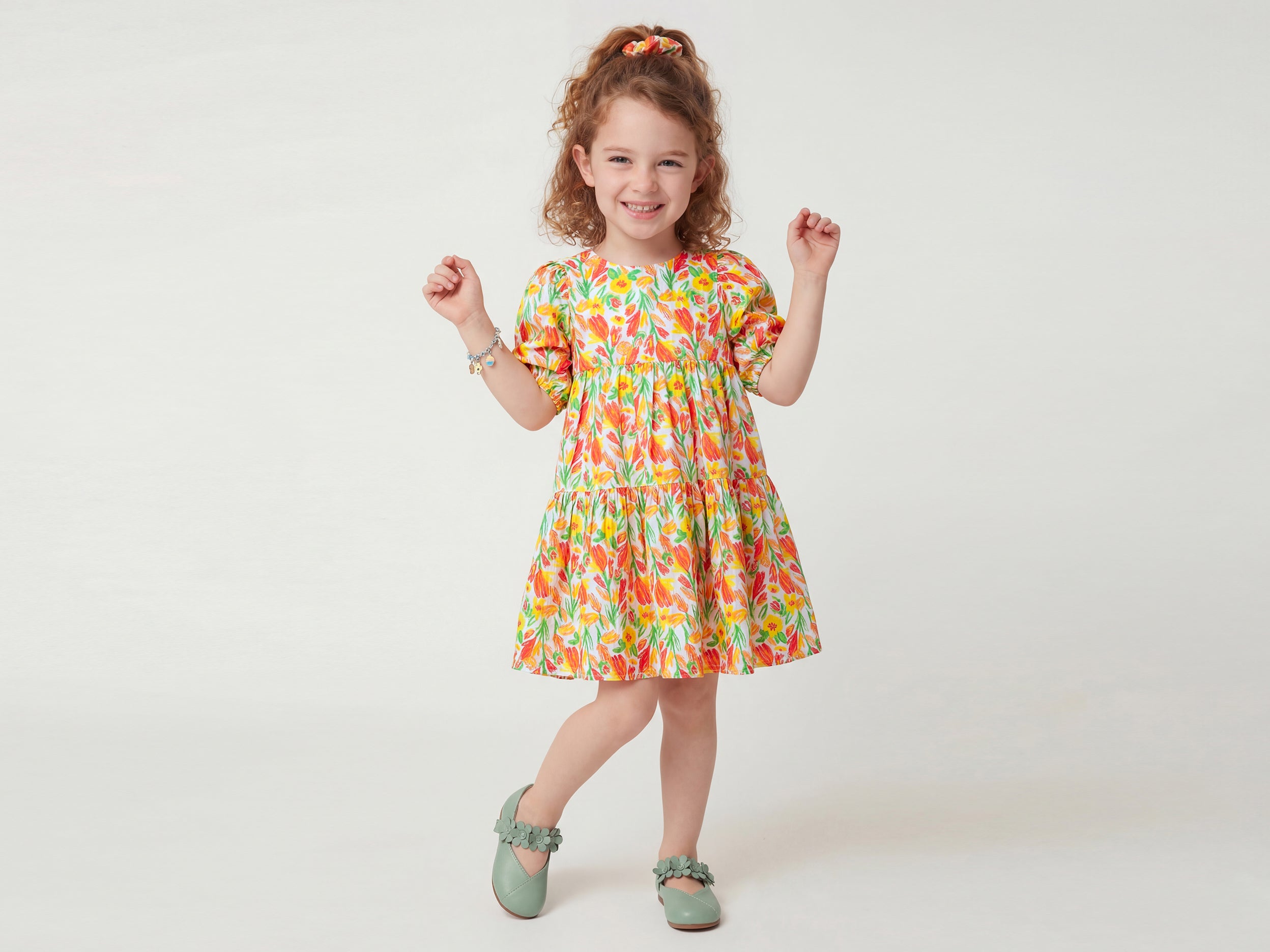 Girls Regular Fit Round Neck Floral Cotton Slub Tulip Tiered Dress