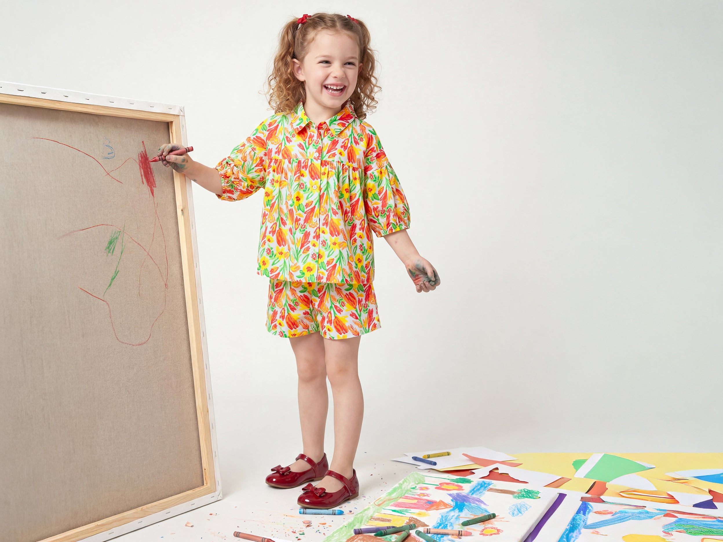 Girls Regular Fit Spread Collar Printed Cotton Slub Tulip Shirt