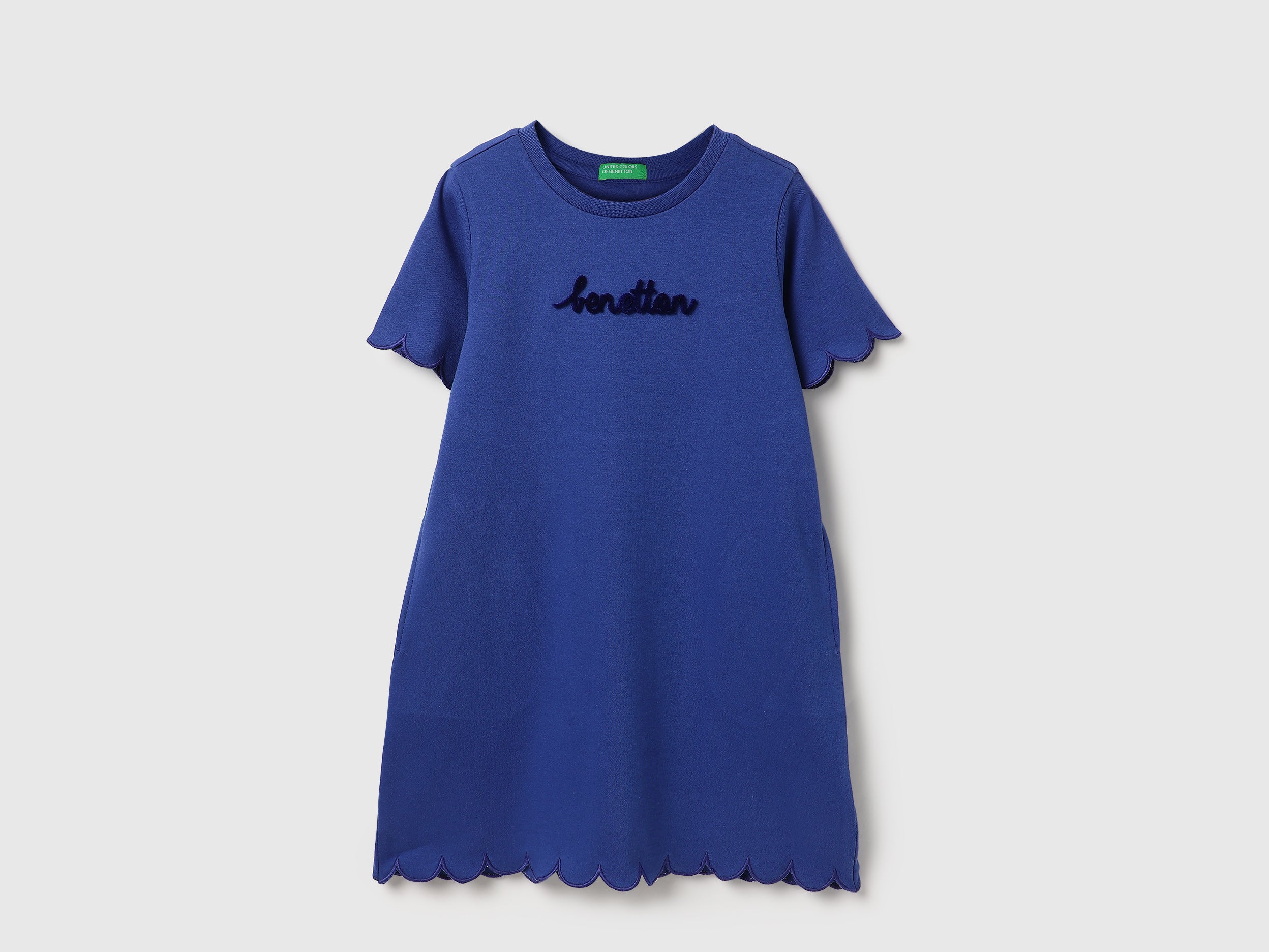Girls Round Neck Applique Scalloped Design A-Line Dress