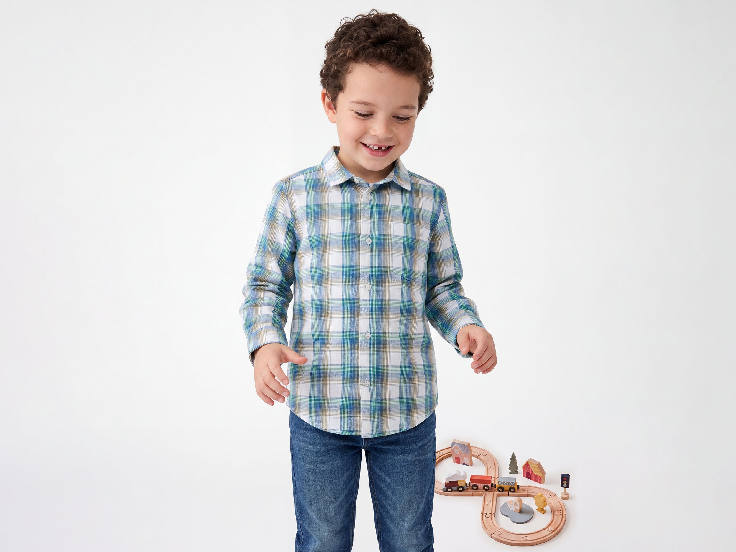 Boys Regular Fit Spread Collar Checkered Dobby Shirt