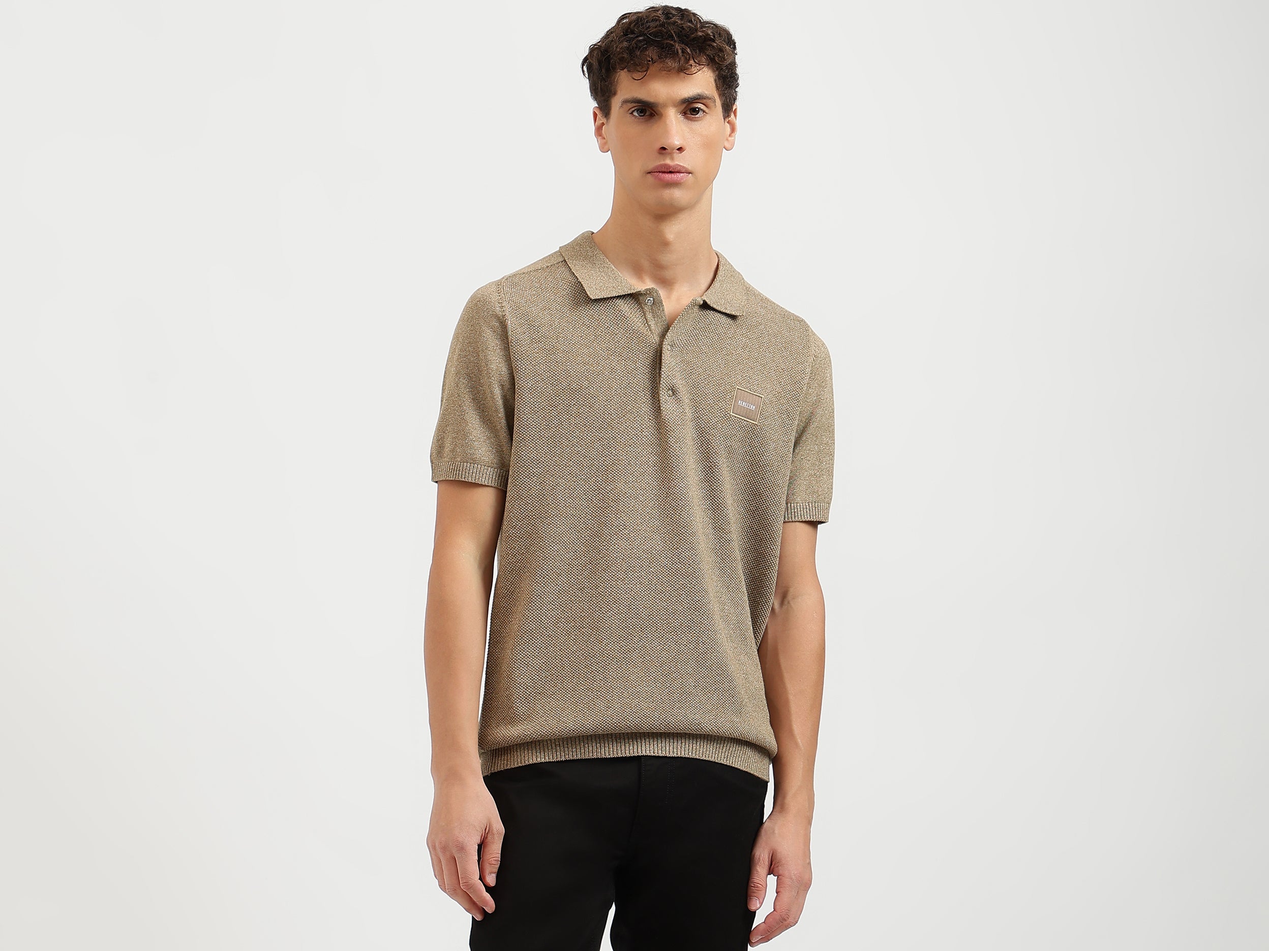 Regular Fit Polo Neck Textured Tshirt