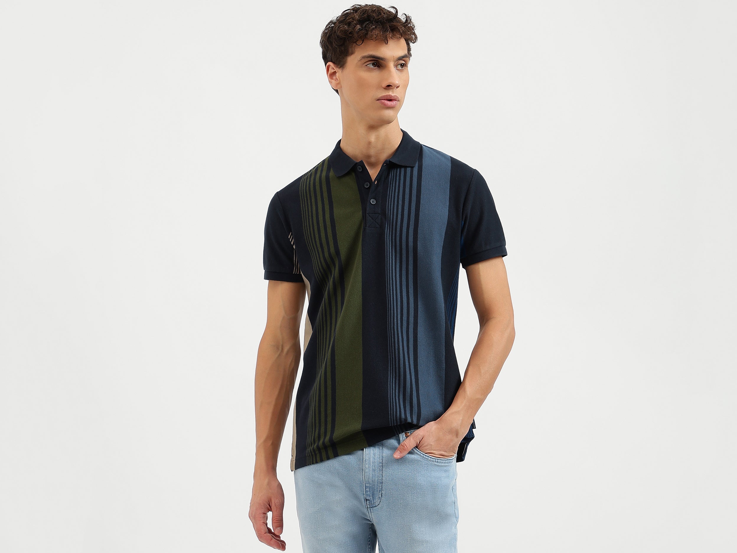 Regular Fit Polo Neck Striped Tshirt