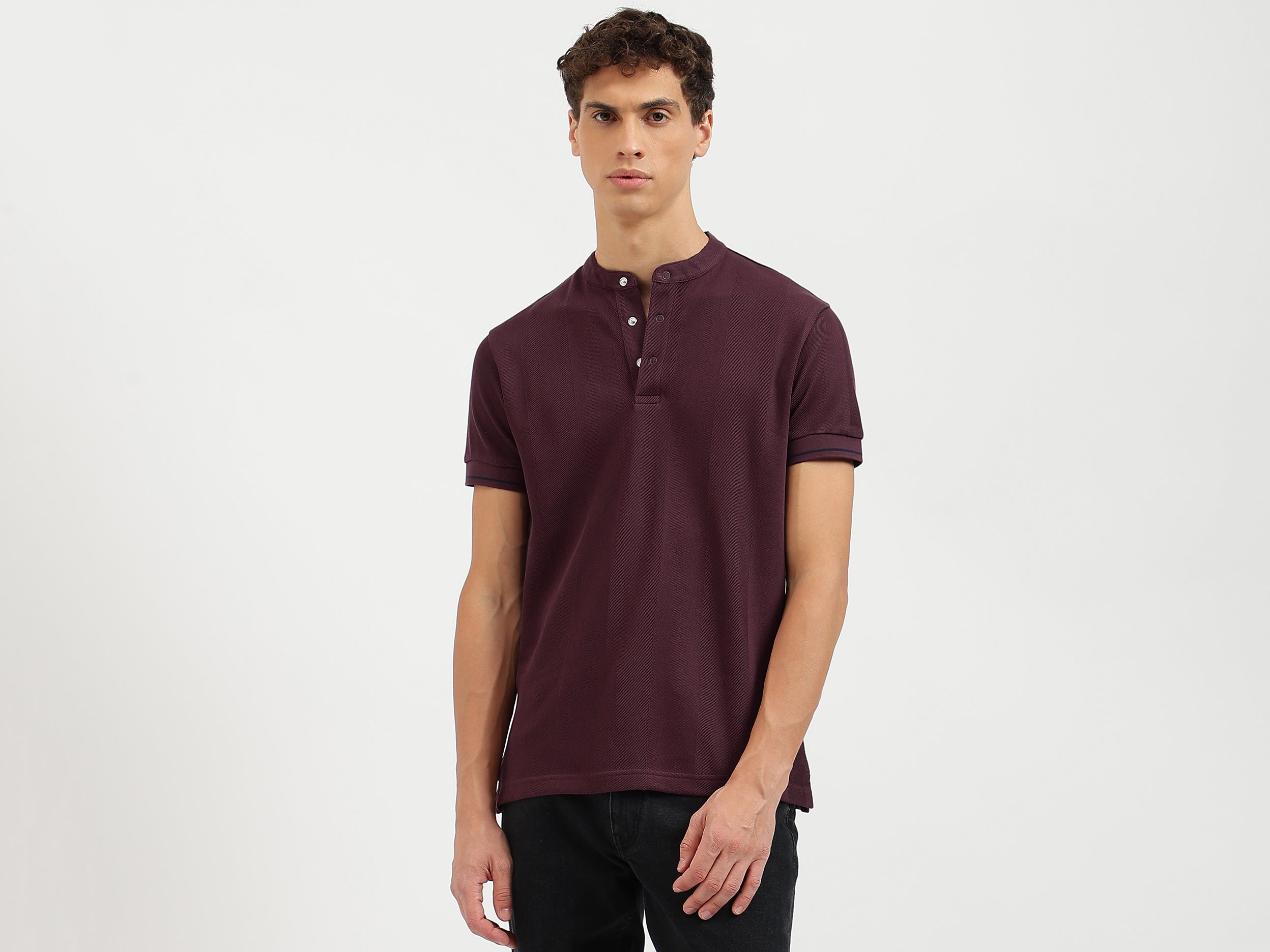 Regular Fit Mandarin Collar Patterned Polo T-Shirt