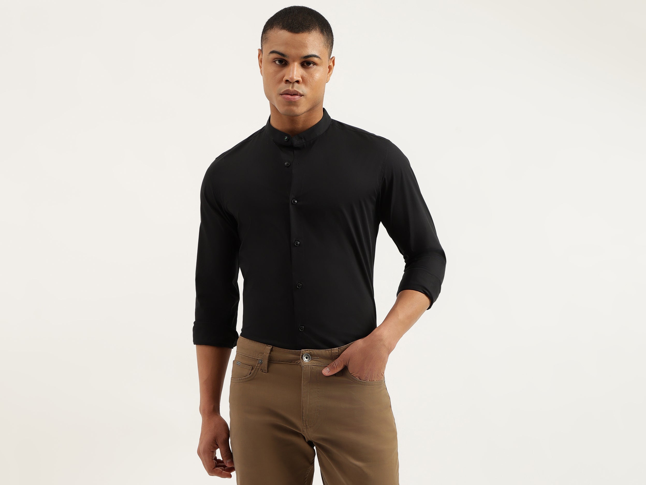 Slim Fit Mandarin Collar Solid Shirts