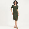 Women Round Neck Ribbed Side Button Bodycon Dress
