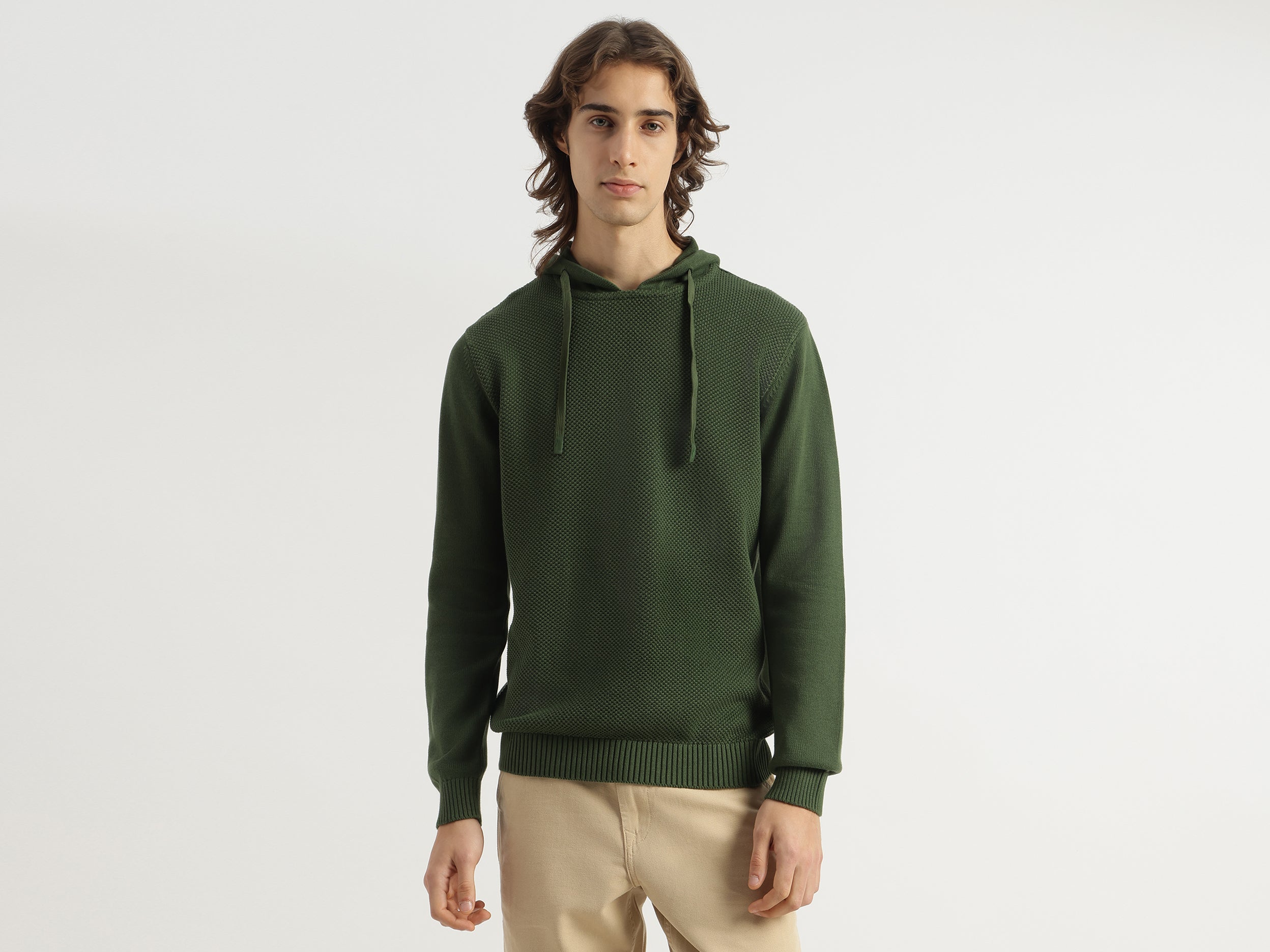 Regular Fit Hooded Neck Solid Pique Knit Tricot Sweatshirt