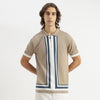 Men Regular Fit Polo Neck Striped Half Zip T-Shirt
