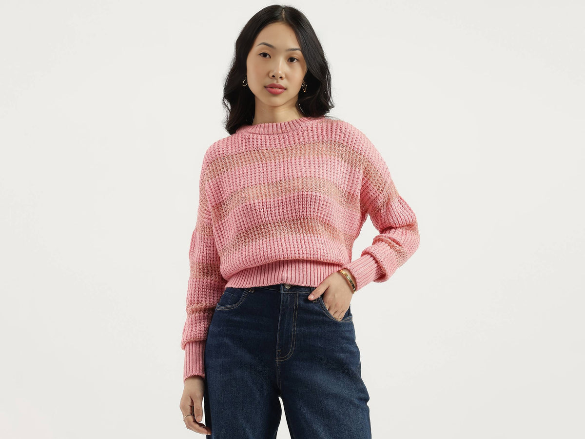 Women Round Neck Striped Wool Lurex Sweater