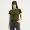 Women Round Neck Solid Fitted Crop Baby T-Shirt