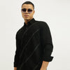 Men Slim Fit Spread Collar Diagonal Tapes Shirt