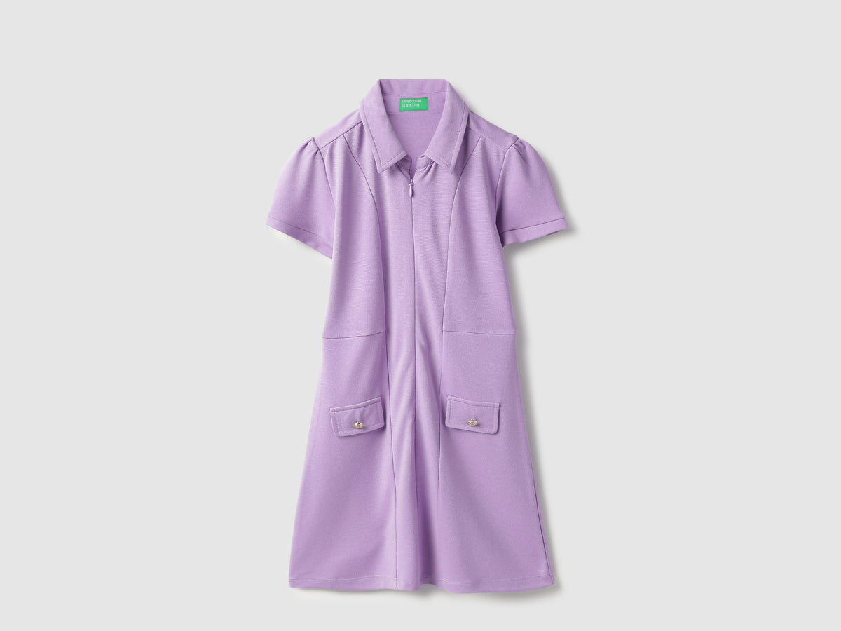 Girls Regular Fit Polo Neck Solid Gold Button Interlock Dress