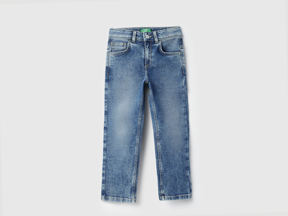 Boys Solid Straight Fit Blanket Stitch Detail Mid Wash Denim Jeans
