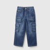 Girls Solid Straight Fit Dark Wash Cargo Denim Jeans