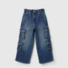 Girls Solid Wide Leg Fit Dark Wash Cargo Pocket Denim Jeans