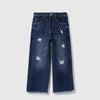 Girls Solid Wide Leg Fit Damaging Frayed Hem Denim Dark Wash Jeans