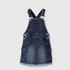 Girls Regular Fit Square Neck Solid Cargo Pocket Short Denim Dungaree