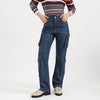 Women Solid Straight Fit Dark Wash Utility Denim Cargo Jeans