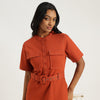 Women Spread Collar Solid Contrast Stitch Utility A-Line Dress