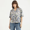 Women Cuban Collar Floral Slub Shirt