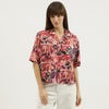 Women Spread Collar Floral Slub Shirt