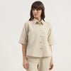 Women Spread Collar Solid Linen Shirt