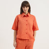 Women Spread Collar Solid Linen Shirt