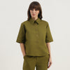 Women Spread Collar Solid Linen Shirt