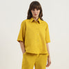 Women Spread Collar Solid Linen Shirt