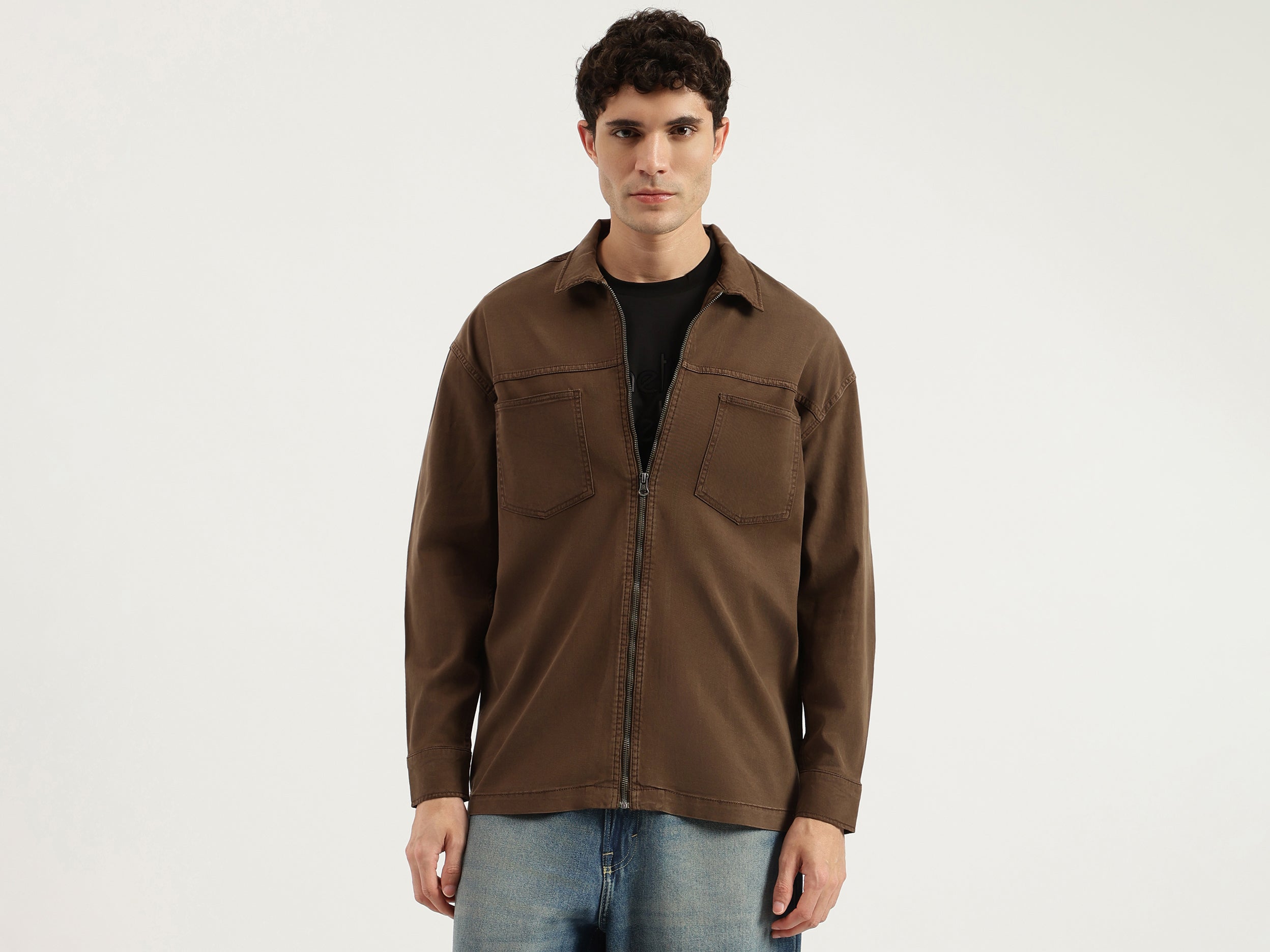 Men Oversized Fit Spread Collar Solid Tencel Zip Front Shacket – United ...