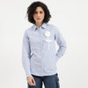 Women Spread Collar Striped Contrast Applique Shirt