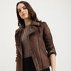 Women Notched Lapel Solid Biker Suede Jacket